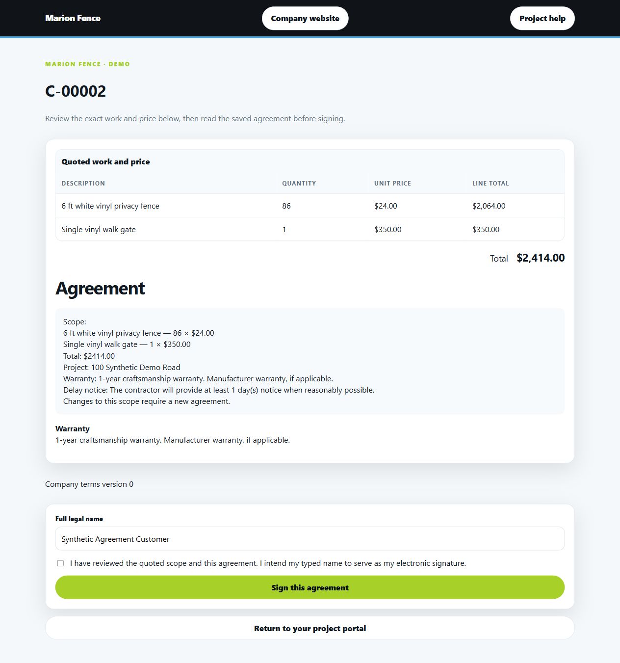 Sample customer agreement showing fence scope and signing controls