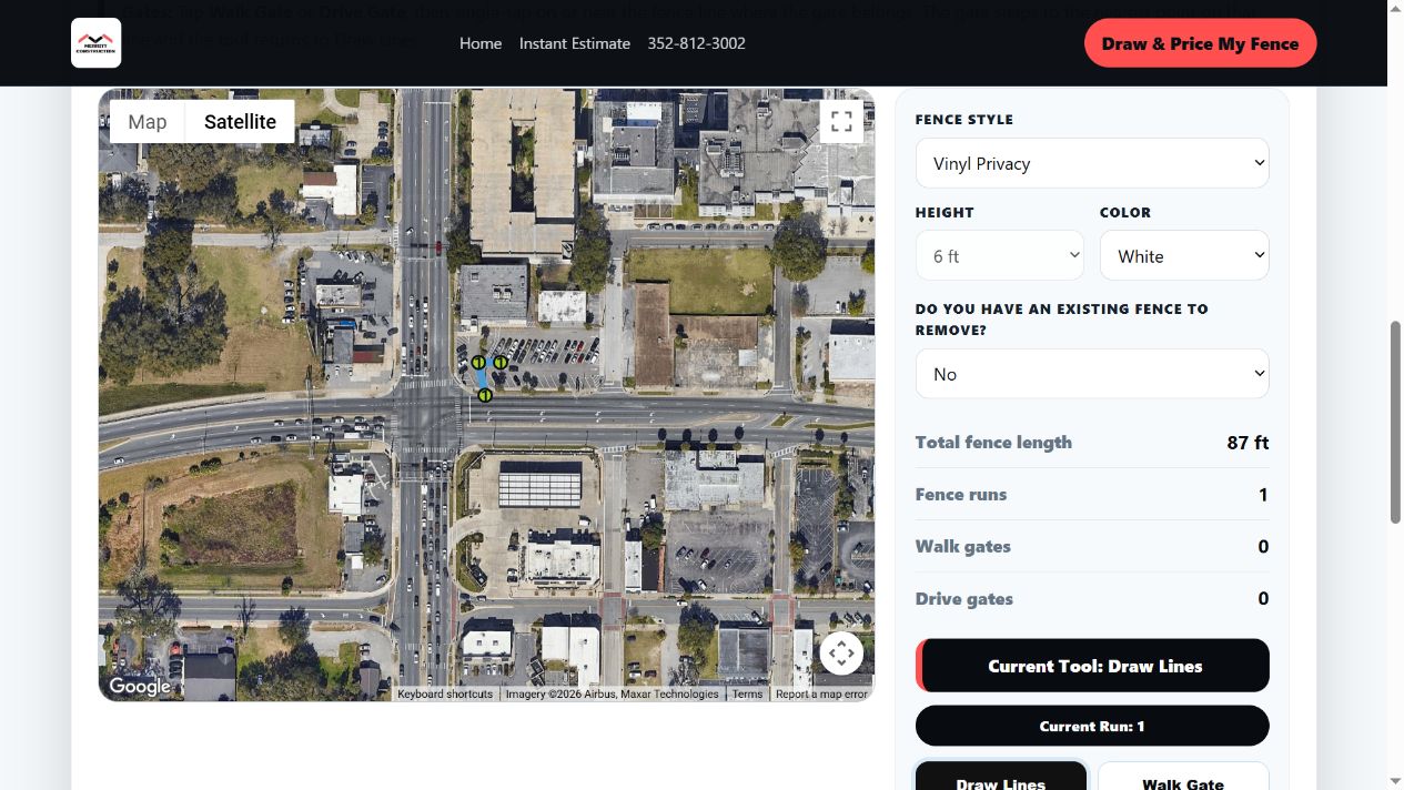 Merritt Fence’s public instant estimator showing an illustrative satellite map drawing and fence options