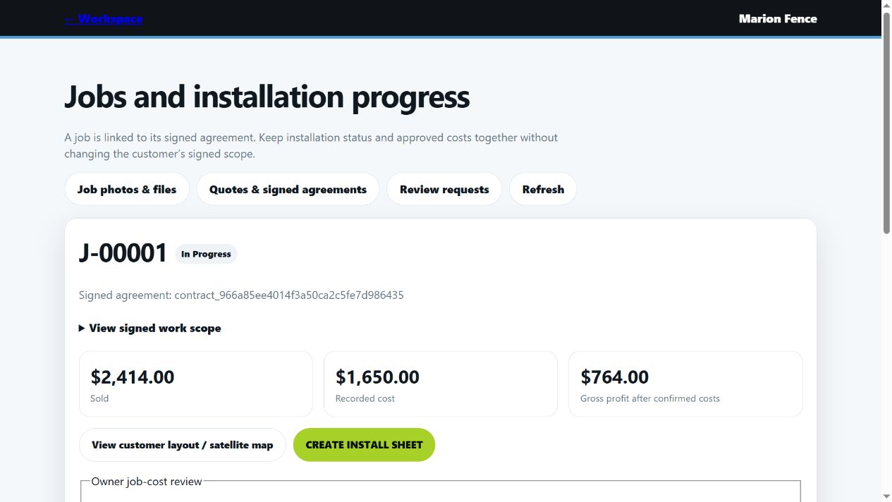 Sample job-cost view showing recorded labor, materials and profitability