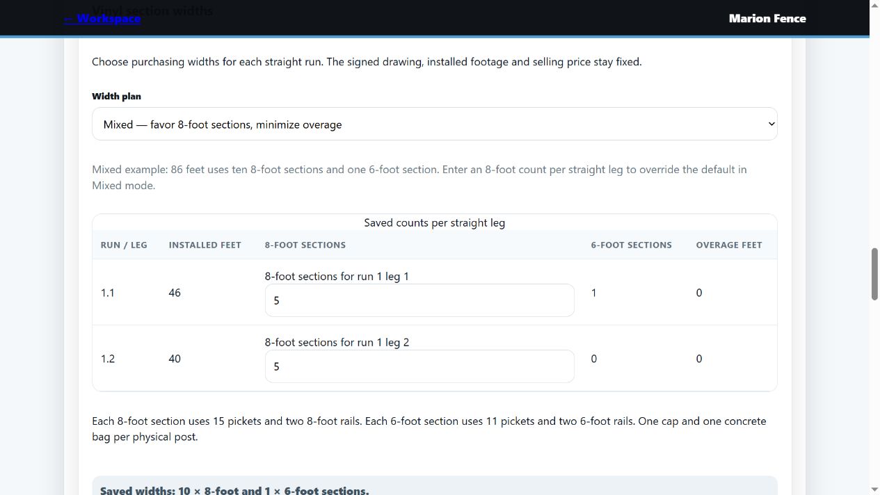 Sample material order linked to a verified fence layout, with fence sections, posts and gates