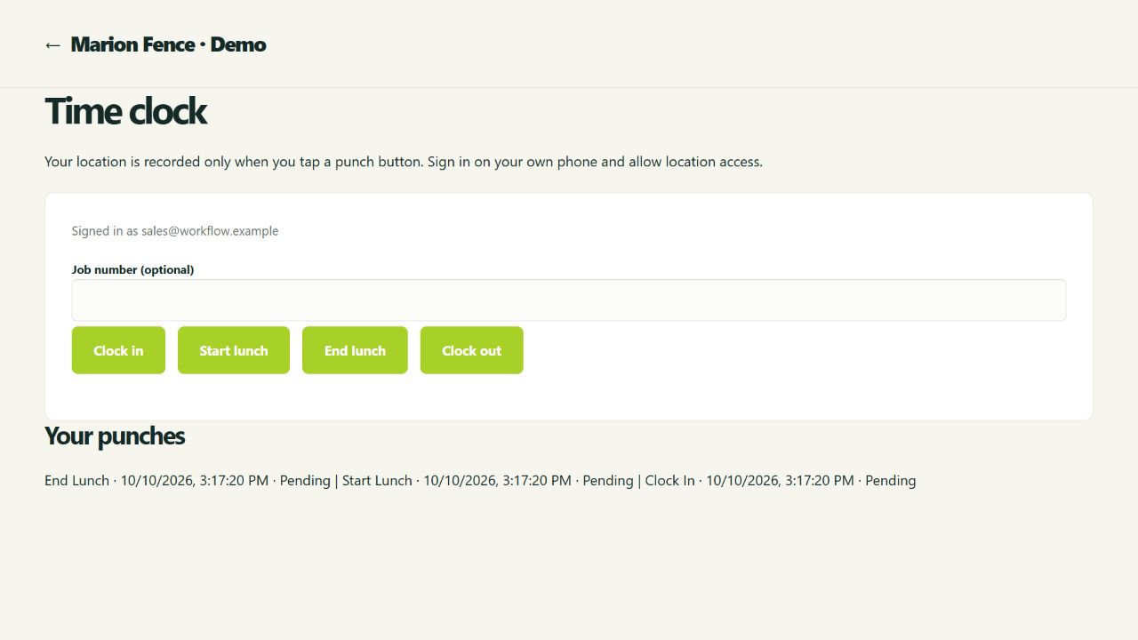 Sample staff time clock with clock-in, lunch and clock-out actions